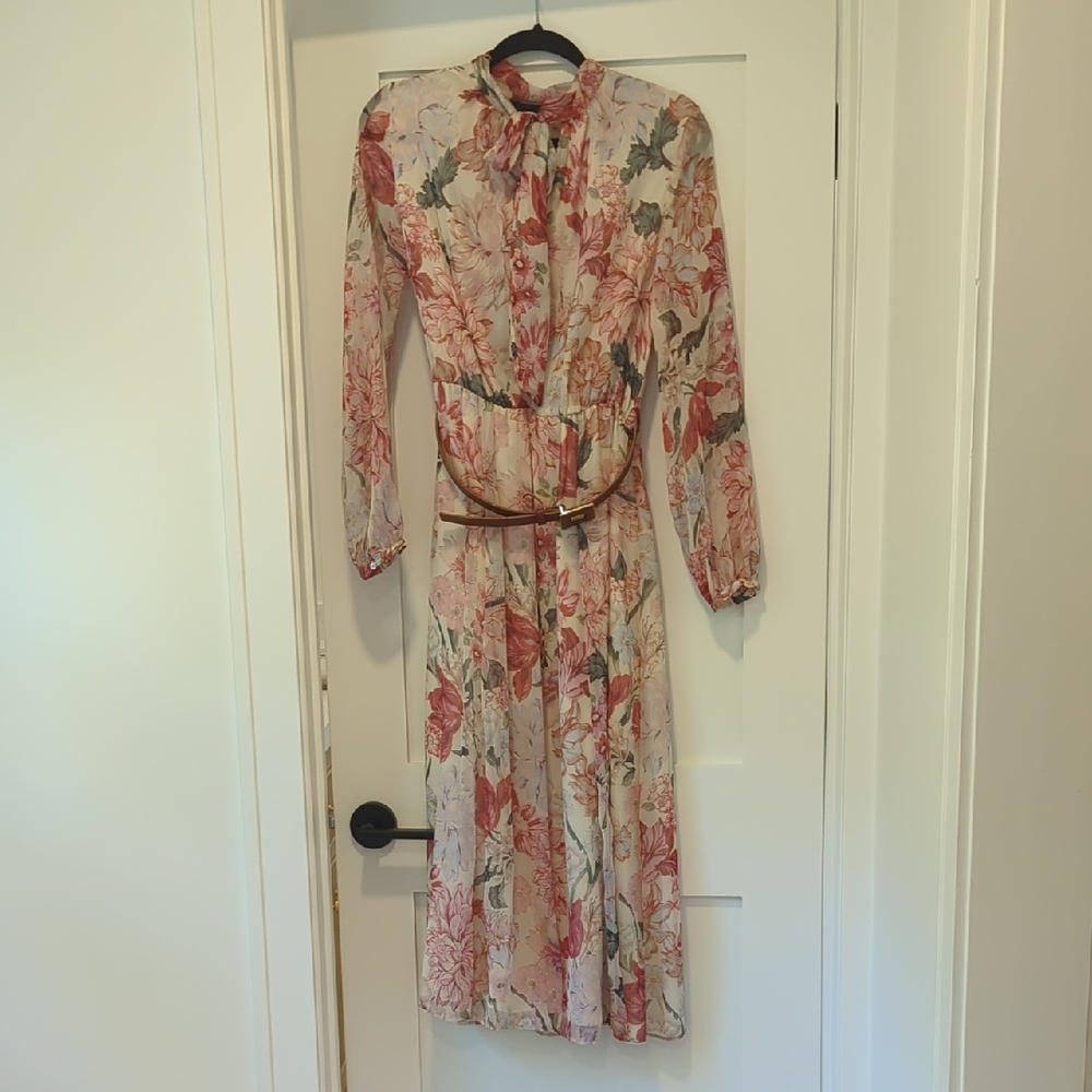 Zara Floral Long Sleeve Dress with Belt Medium